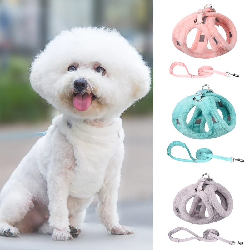 Thicken Fur Puppy Dog Harness and Leash Set for Small Dogs Winter Warm Pet Cat Harnesses Bichon Lead Chain mascotas Accessories