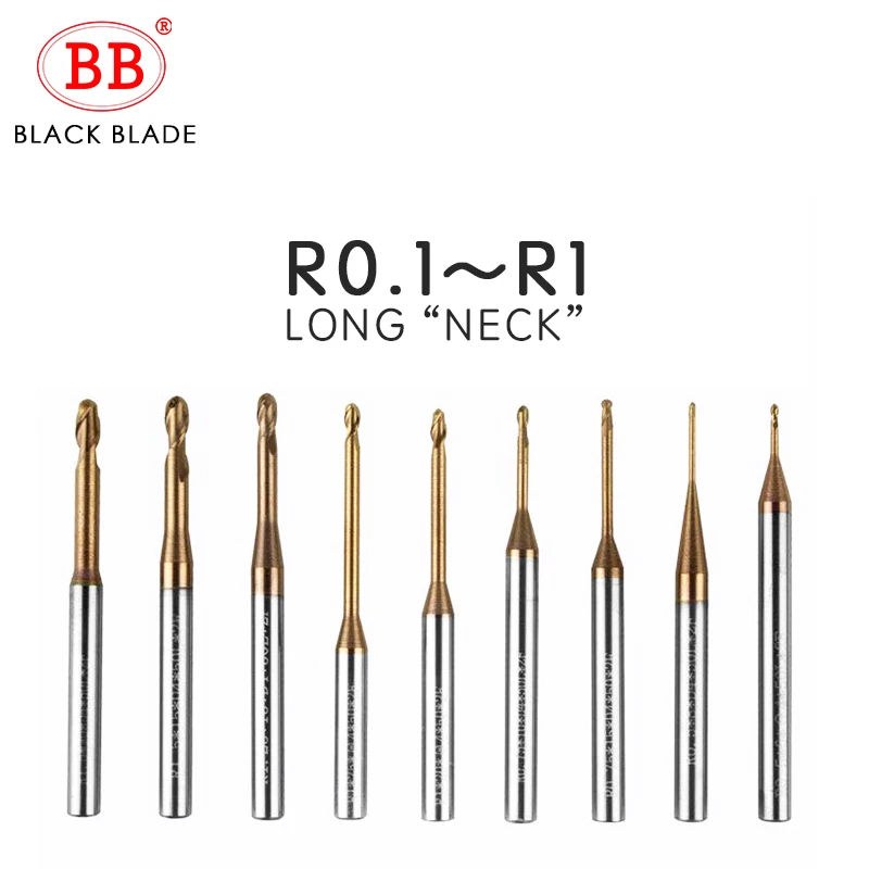 BB-Micro Ball End Mill, Long Neck, Carbide, CNC, Mini Rib pequena, Deep Machining Cutter, R0.1, R0.75, R1.5, Ferramenta para Aço Metal