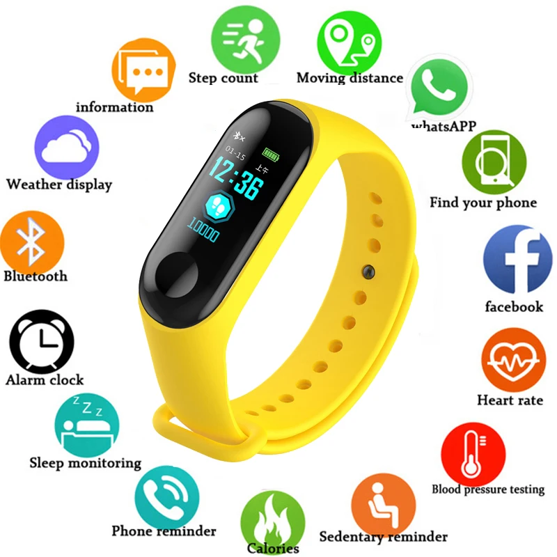 Relógio fitness m3 feminino e masculino, pulseira esportiva inteligente com tela colorida, monitoramento de atividades, frequência cardíaca, para ios e android