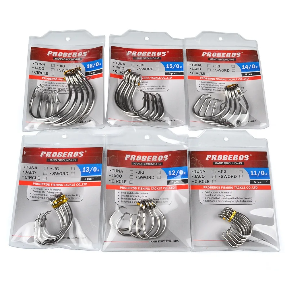 PRO BEROS 5 Pcs/Pack 11/0#-16/0# 3.2g-17g Stainless Steel Tuna Circle Fish Hooks Big Game Fish Tuna Circle Bait Fishhooks