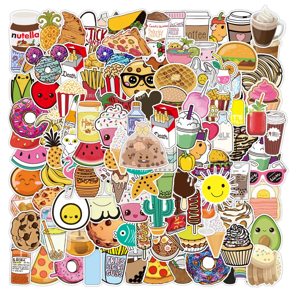 10/50/100PCS Cute Food Cartoon Stickers Aesthetic Laptop Phone Water Bottle Bike Travel Luggage Graffiti Decal Kid Sticker Toy