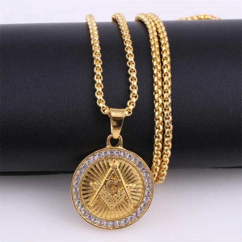 Men\\'s Classic Punk Gold Plated Freemason Round Medal Pendant Necklace Hip hop Style Rock Party Jewelry