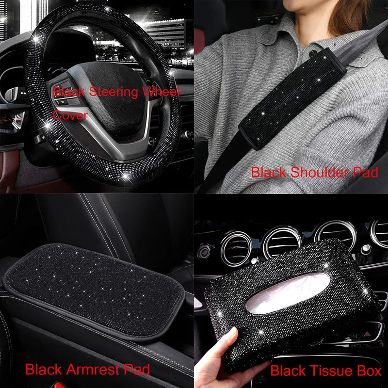 Luxury Crystal Black Diamond Car Steering Wheel Covers Auto Handlebar Cover Shoulder Pad Guard Cover Car Interior Accessories