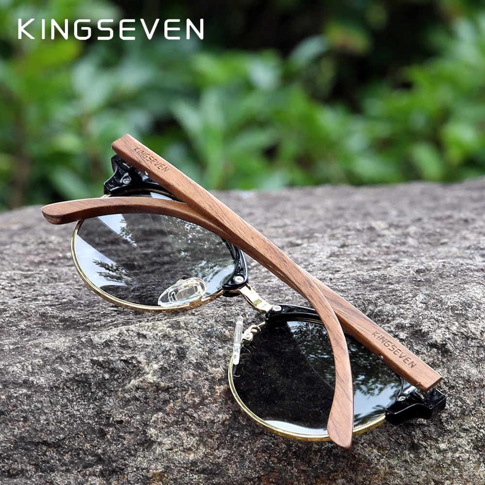 KINGSEVEN Handmade High Quality Black Walnut Wood Sunglasses Fashion Men Women Polarized Mirror Glasses Male UV400 Shades Oculos