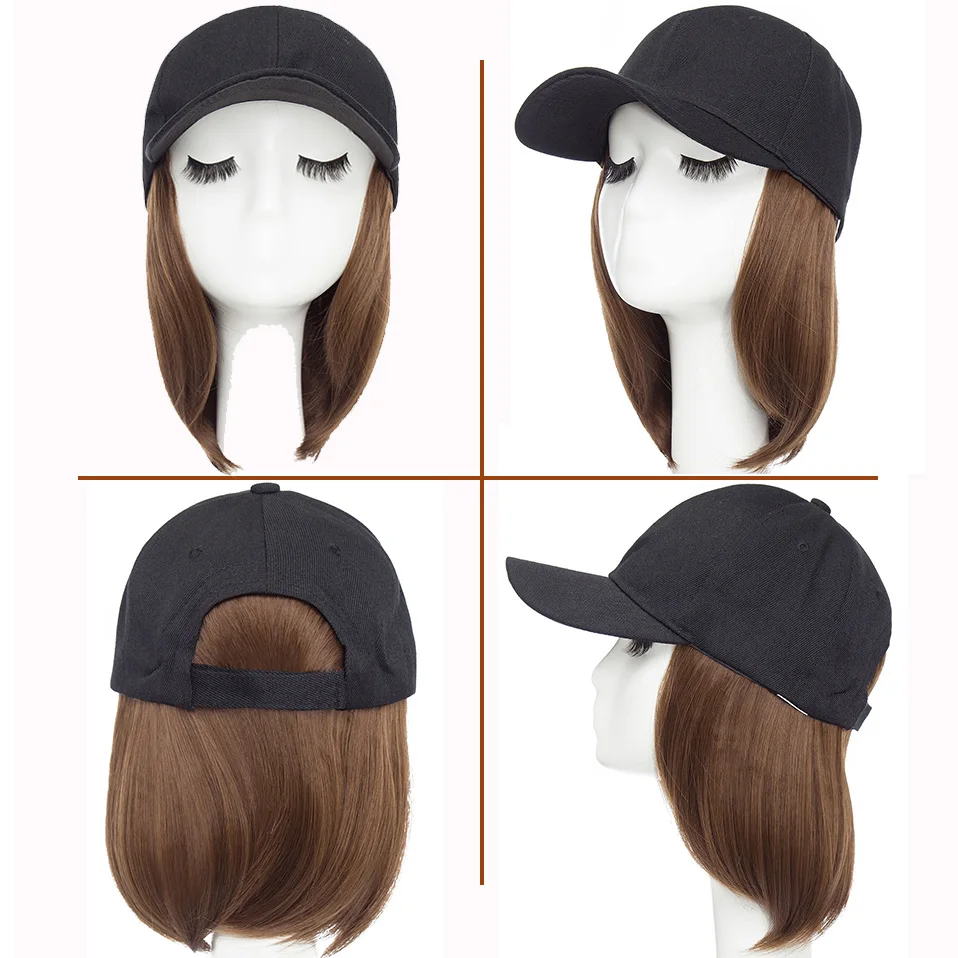 Benehair-Peluca de béisbol sintética de 6 pulgadas, gorro negro con pelo, gorro de peluca, gorra ajustable