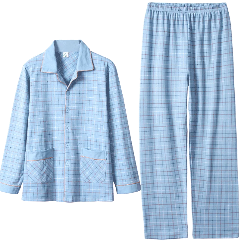 100% Cotton Men\'s pajama Set Winter Pijama Hombre 2 Pieces Blue Plaid Sleepwear Sleep&Lounge Pyjama Autumn Lattice Male Pajamas