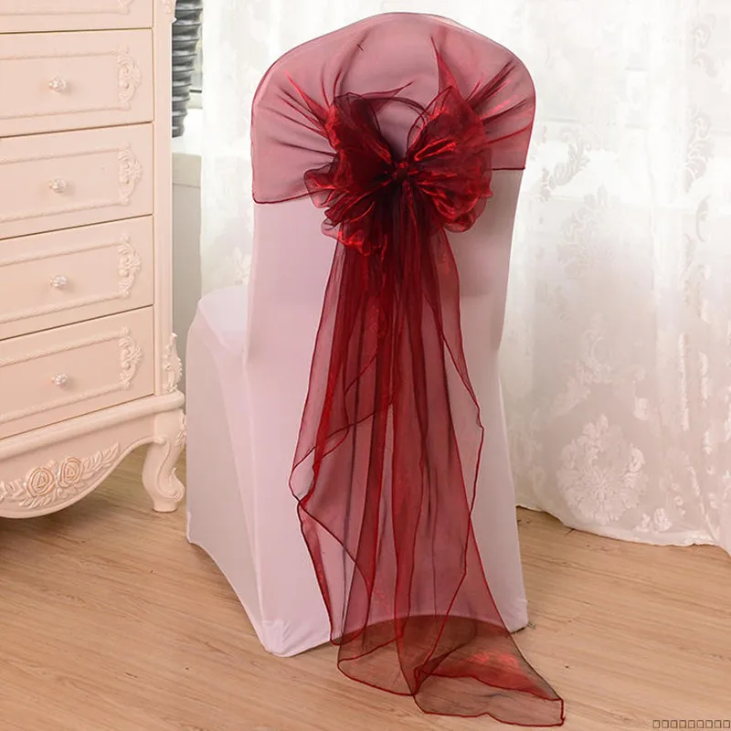 25pcs 65 x 275cm Sheer Organza Chair Ribbon Sash Knot Cap Hotel Party Wedding Decoration Chair Hood Bow Sash