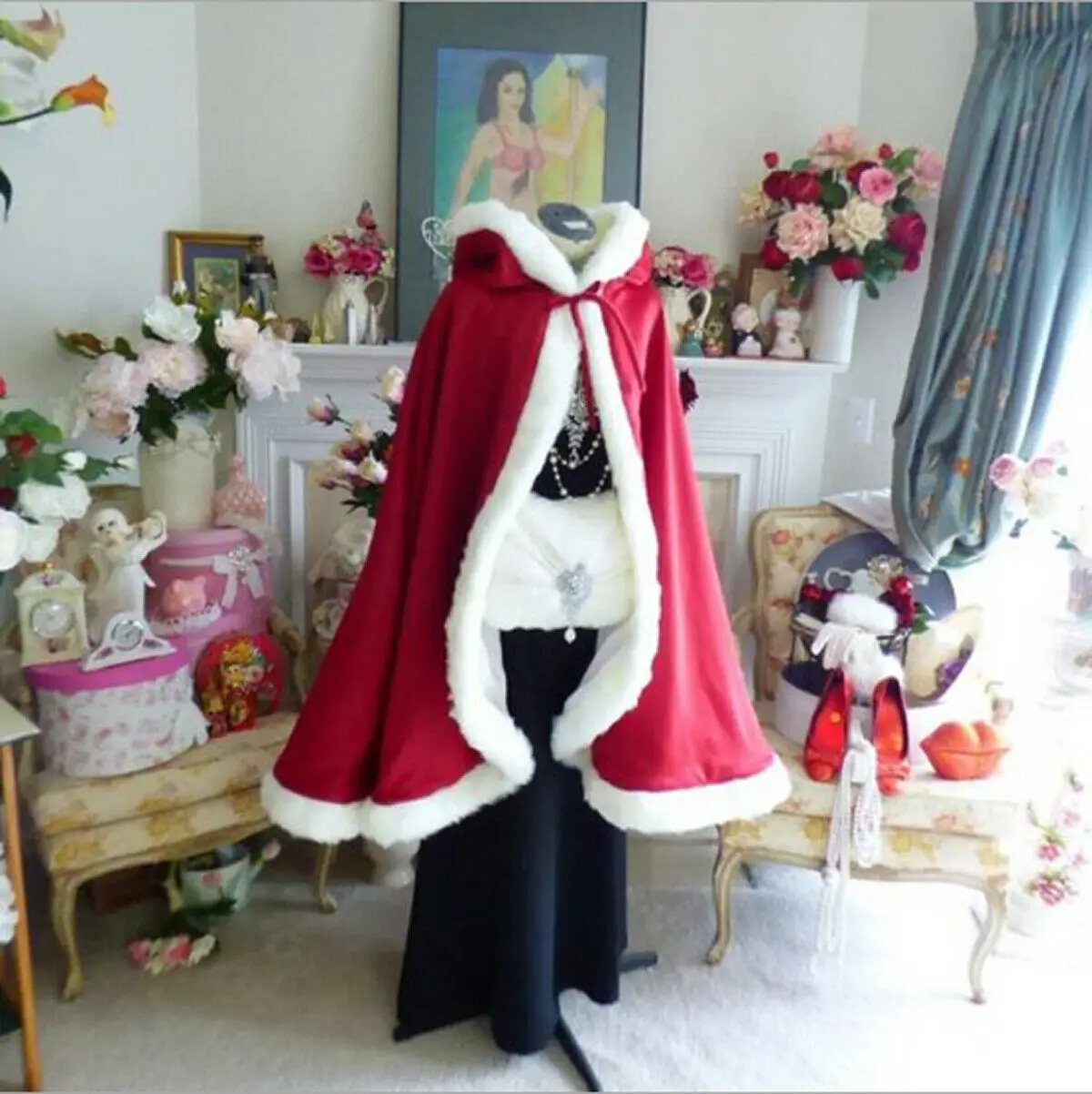 Christmas Women Girls Cloak Tops Family Matching Velvet  Hooded Cape Santa Coat, Party Wedding  Wearings