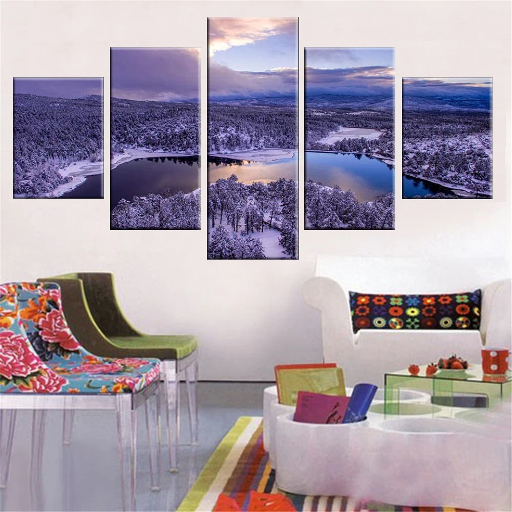 

Canvas Wall Art 5 Piece Paintings Forest Snow Mountain Posters Scenery Pictures Home Modern Room Decor Living Room Decoration