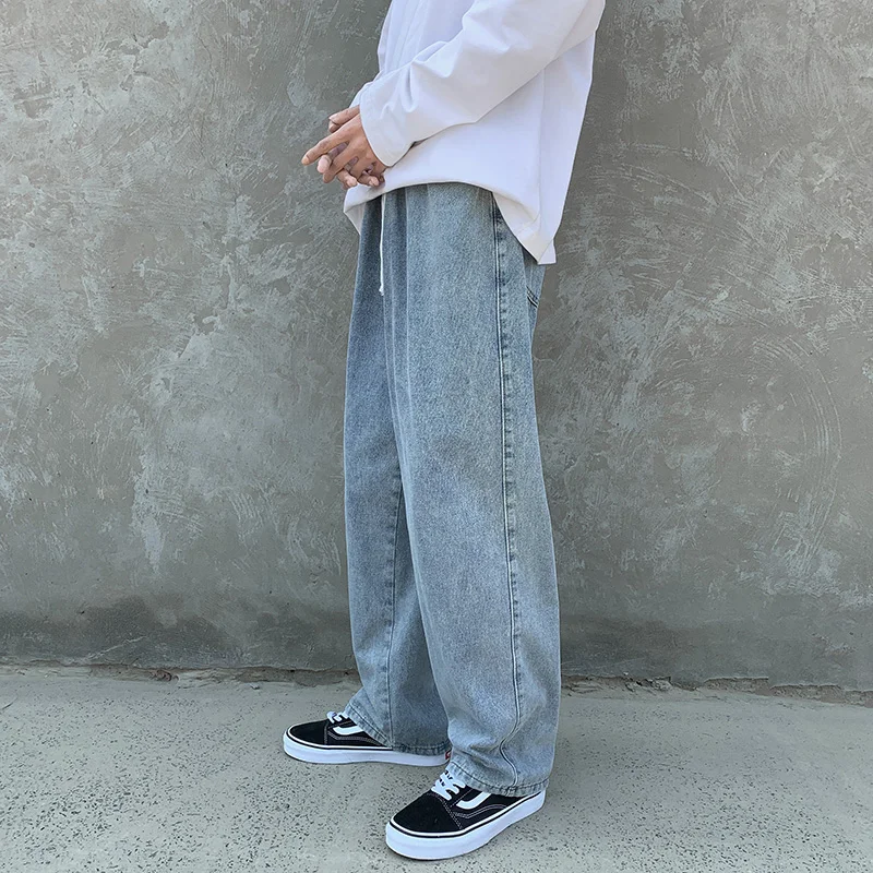 Elastic waist drawstring jeans men's fashion brand wide leg floor pants loose straight tube drop feeling wide leg pants 2021