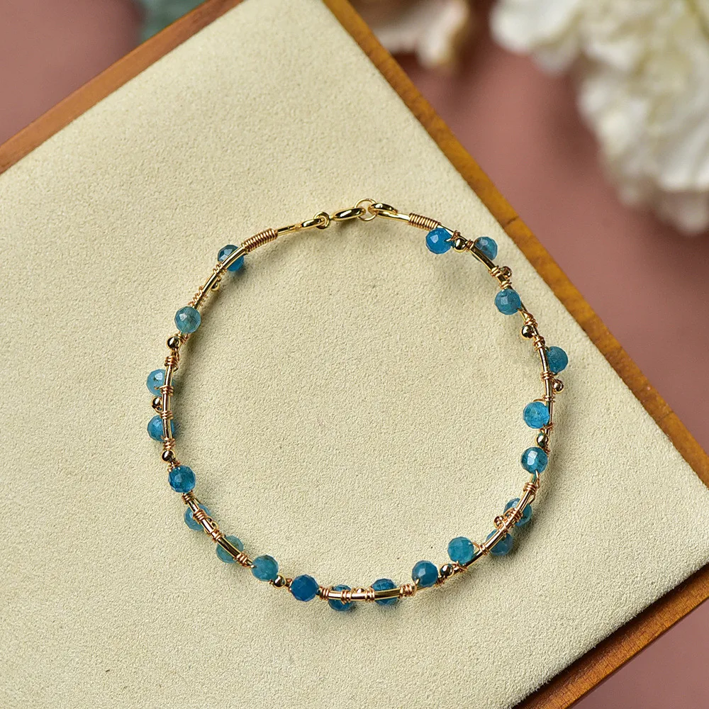 Natural Stone Blue Tanzanite Faceted Bead 14K Gold Filled Bracelet For Women Opening Bangle Vintage Handmade Bohemia Jewelry