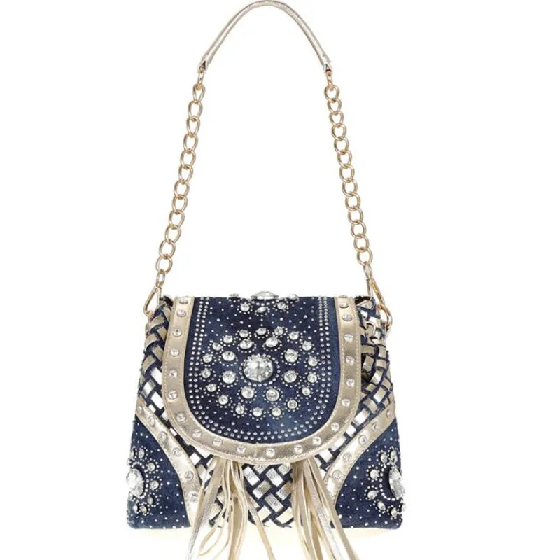 Bag handbags new 2023 fashion denim bag canvas multi-function bag woven belt diamond bag single shoulder tassel bag