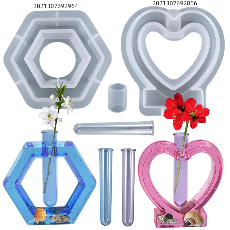 DIY Crystal Silicone Mold Hexagon Heart Shaped Love Flower Pot Decoration Water Plant Flower Vase Silicone Mould For Resin Home