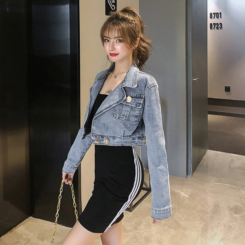 Elegant Women Short Denim Coats Autumn Fashion Turn-Down Collar Cropped Tops Streetwear Office Lady Long Sleeve Jean Jackets