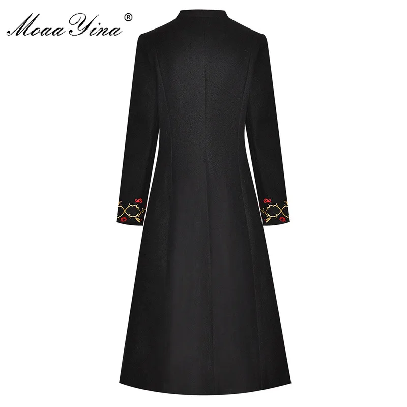 MoaaYina Fashion Designer Woolen coat Winter Women Long sleeve Stand collar Single-breasted Embroidery black Vintage Overcoat