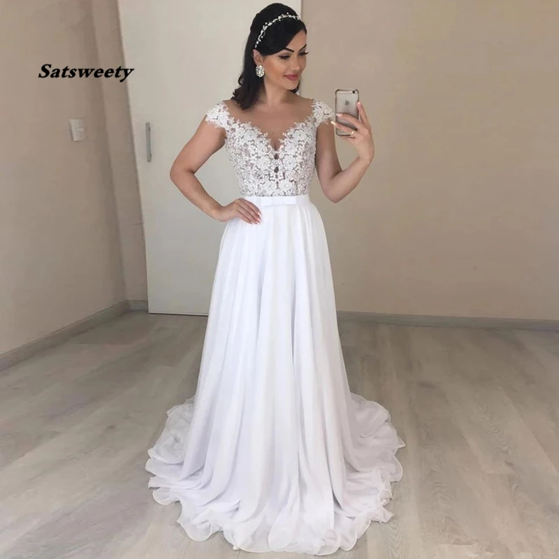 

Elegant Lace Wedding Dress with Appliques Lace Vestido De Noiva A-Line Chiffon Bride Dress Illusion Cap Sleeve Wedding Gown