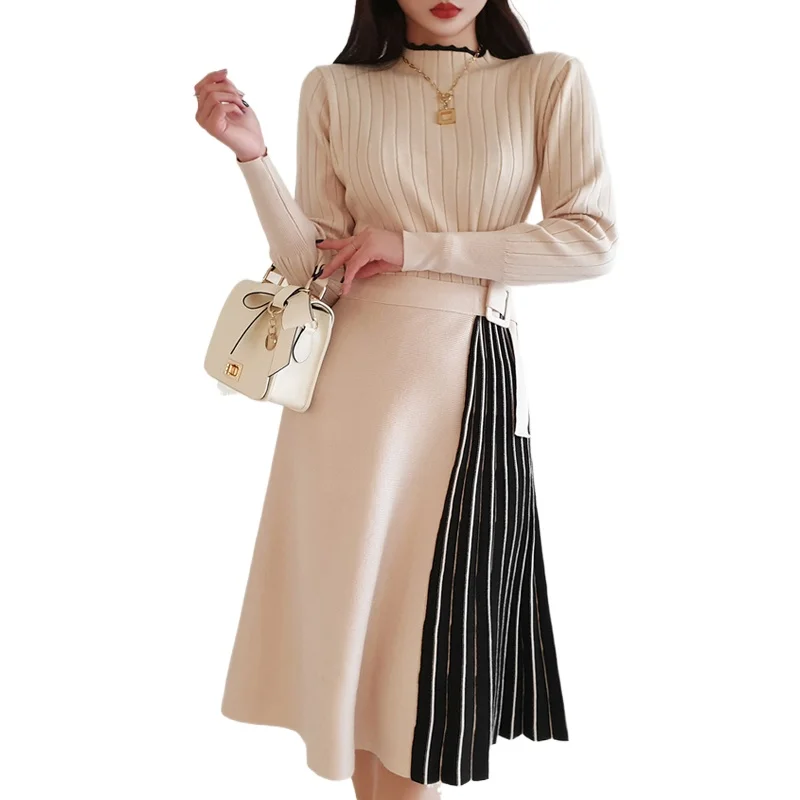 Spring Autumn New Korean Style Women Long Sleeve Fashion Patchwork Knitted Sweater Dress Autumn Big Swing Pleated Dresses