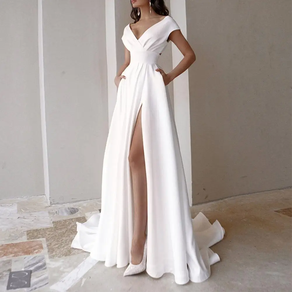 V-Neck Wedding Dress 2021 Women White High Waist Side Split Floor-Length Dress With Pockets for Banquet Elegant Party Dresses