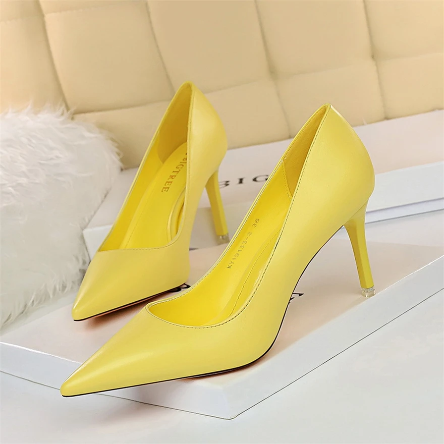 Soft Leather Concise High Heels 7.5/10.5cm Shoes Fashion Women Pumps Pointed Toe Slip On Candy Colors Office Woman Wedding Shoes