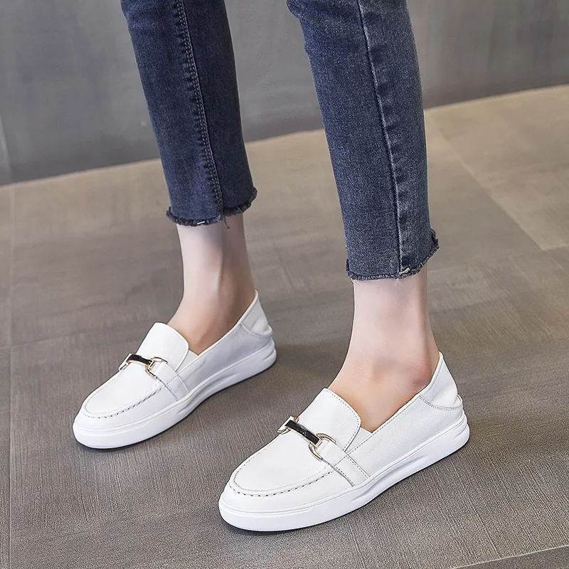 

2022 New Autumn Loafers Women's Leather One-step Soft Leather White Shoes Soft Sole Large Size Women's Shoes 40-43 Women Shoes