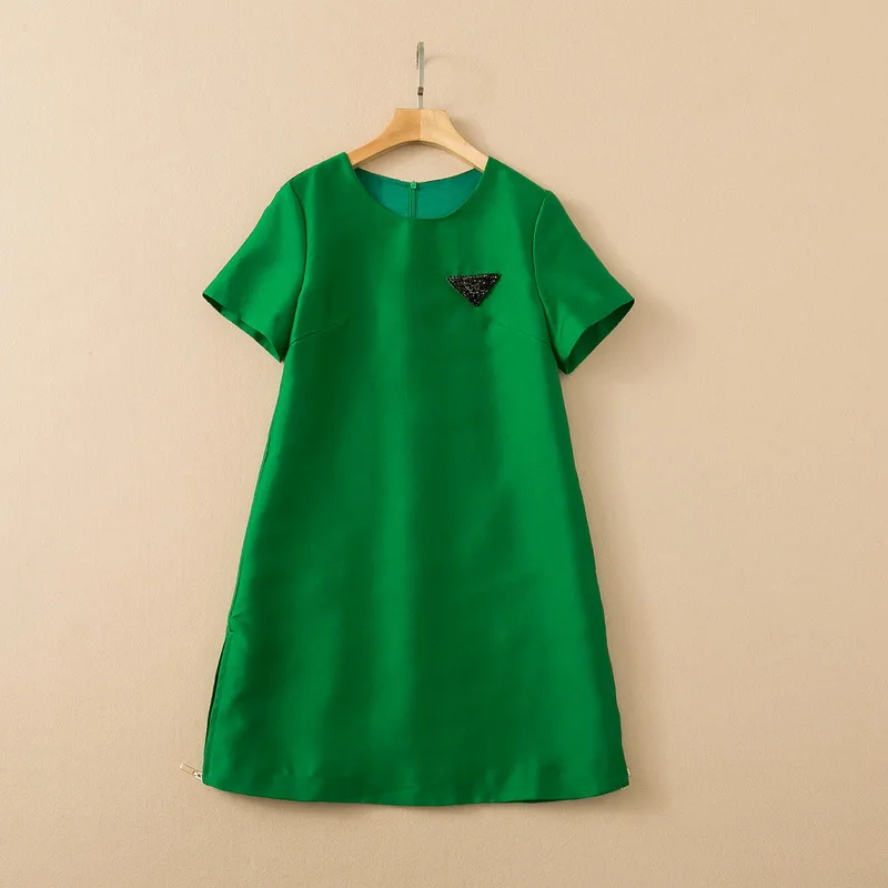 

European and American women's wear spring 2022 new With short sleeves The round collar nail bead fashion Green dress