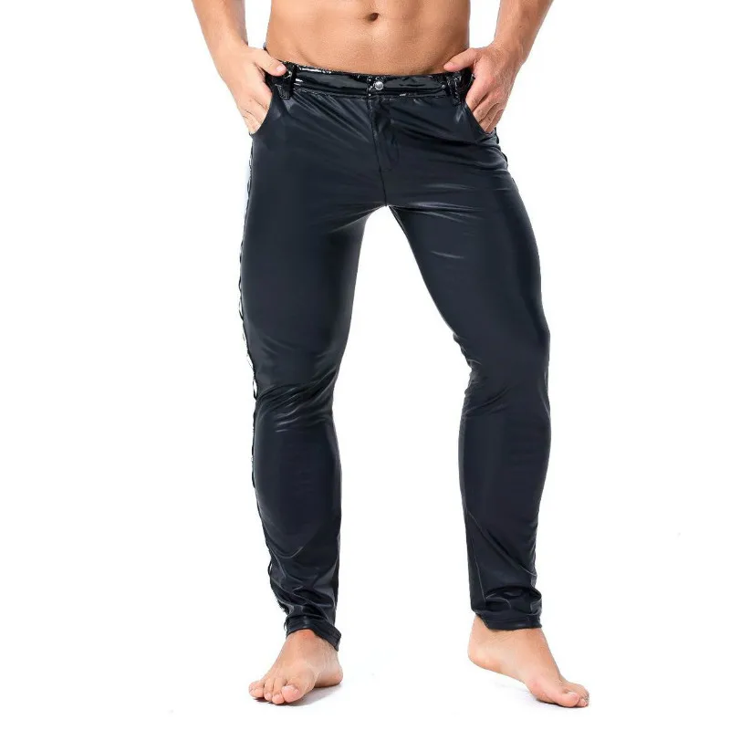 S-XXL Cuoio Degli Uomini di Marca Rivetto Pantaloni Slim Fit Elastico della Molla di Stile di Modo di Estate DELL'UNITÀ di elaborazione Pantaloni di Pelle Moto Pantaloni Streetwear