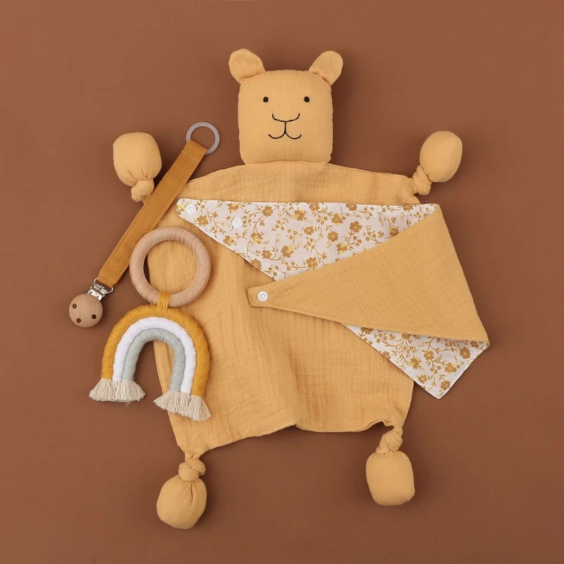 Serviette et Hochet pour Bébé en Coton, Silicone et Bois, Doudou à Sonnette, Double Face, Linge de Biberon et de Sieste, Apaisante, Accessoires de