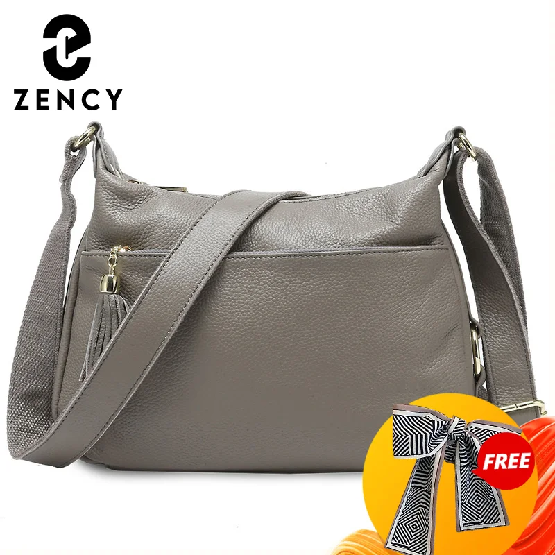 Zency 100% Genuine Leather Fashion Women Shoulder Bag With Tassel High Quality Hobos Elegant Lady Crossbody Bags Black Grey