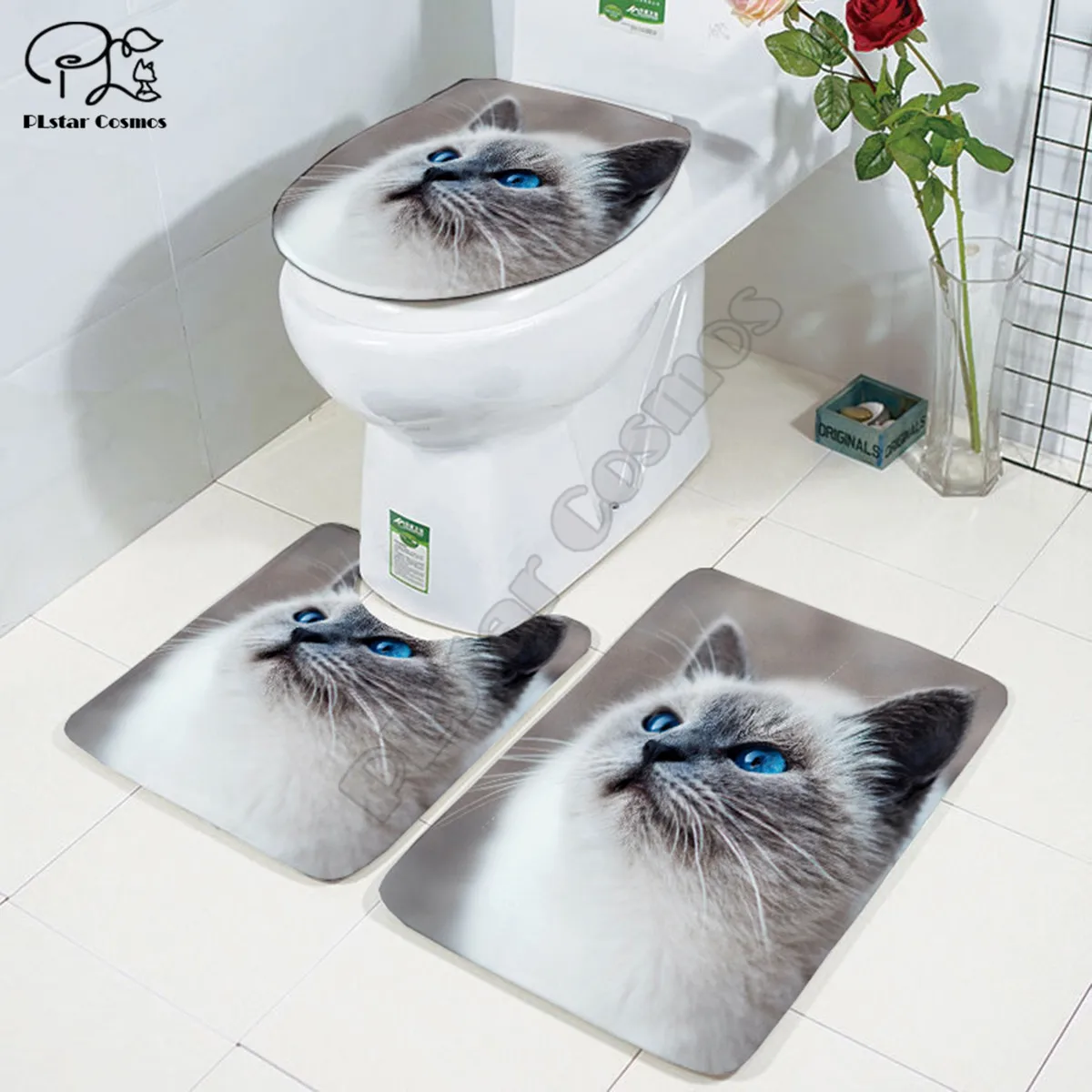 Cute cat pattern Cartoon funny Stitch 3D printed Bathroom Pedestal Rug Lid Toilet Cover Bath Mat Set drop shipping style-3