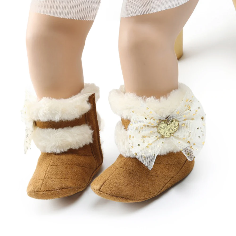 

Winter Newborn Suede Snow Boots Baby Boy Girl Soft Sole Sequins Bowknot Shoes Toddler Plush Fleece Boots 0-18M