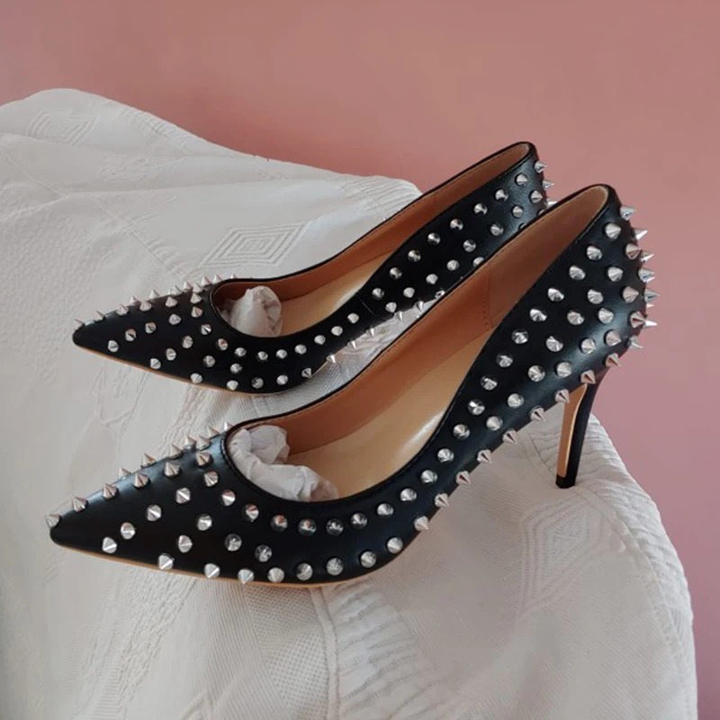 Veowalk Black Matte Women Full Punk Rivets Pointed Toe High Heels Sexy Ladies Spikes Stilettos Pumps Woman Club Party Shoes