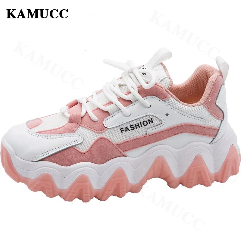 KAMUCC Women Shoes New Chunky Sneakers For Women Lace-Up White Vulcanize Shoes Casual Fashion Dad Shoes Platform Sneakers