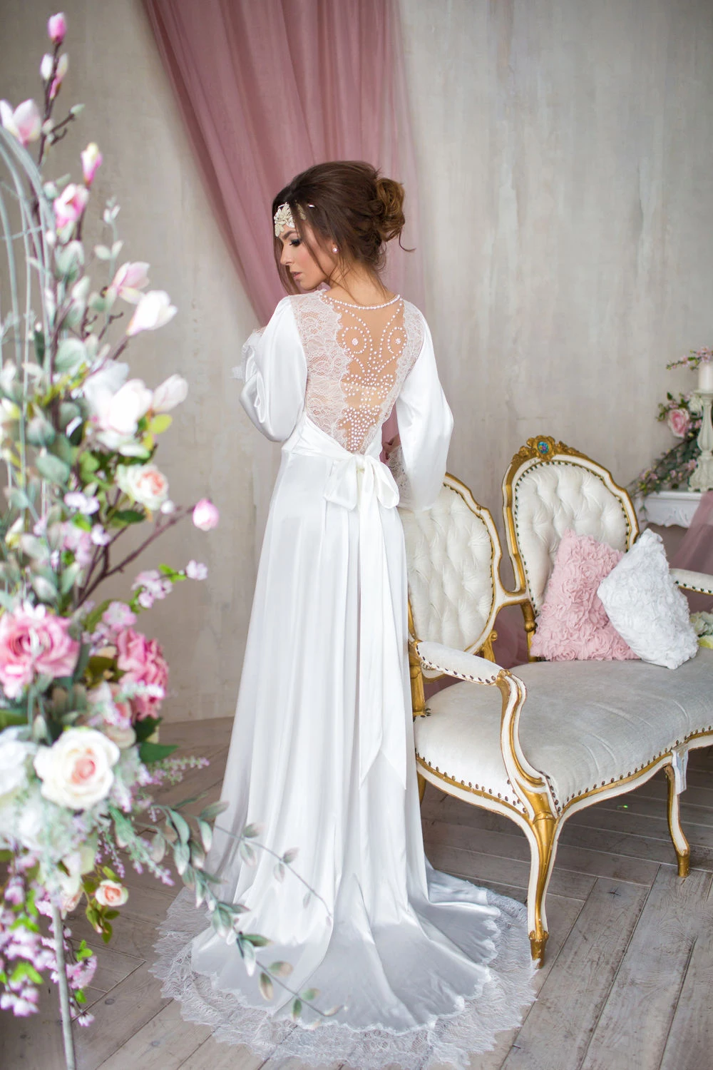 Camisón Largo de seda satinada para mujer, lencería con cuentas en la espalda, albornoz, Kimono con cinturón, para boda y primavera