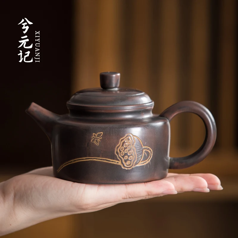 |Teapot handmade relief lotus root purple sand pottery single pot ceramic ball hole filter bubble teapot