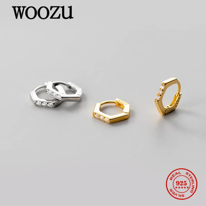 WOOZU Real 925 Sterling Silver Minimalism Hexagonal Zircon Hoop Earrings For Women Charm Party Punk Fine Ear Buckle Jewelry Gift