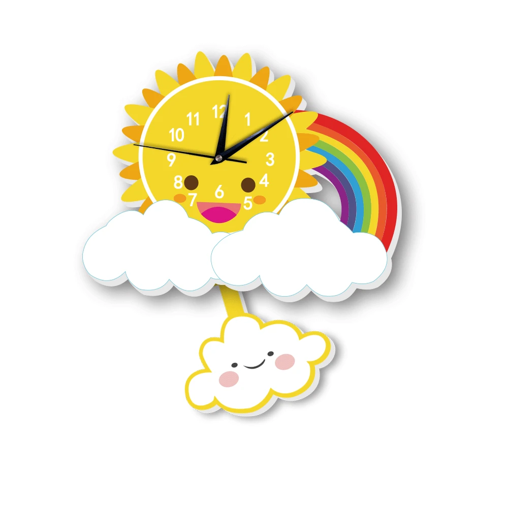 Pendulum Clocks Kids Wall Clock for Children Room Rainbow Cartoon Sun Slient Cloud Watch Study Living Room Decoration Home Decor