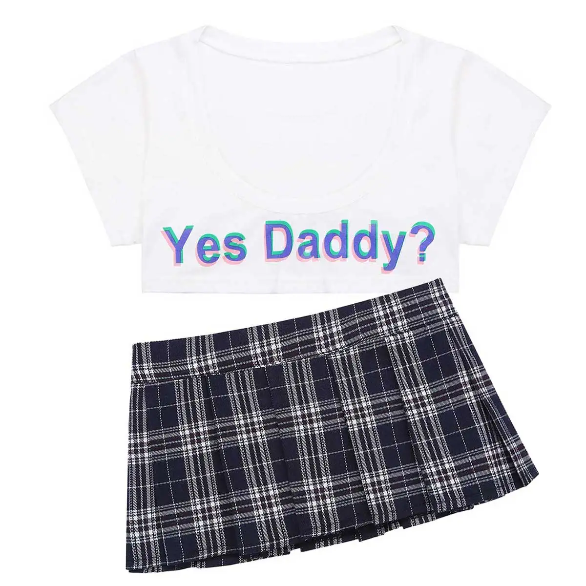 Womens Japanese Lingerie Parties Sexy School Girls Costumes Clubwear Yes Daddy? Letter Crop Tops with Mini Plaid Pleated Skirt