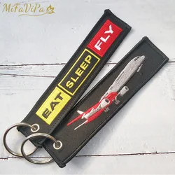 MiFaViPa 2 PCs Plane Keychain Fashion Trinket Black Embroidery Keyring Eat Sleep Fly Key Chain for Pilot Aviation Christmas Gift