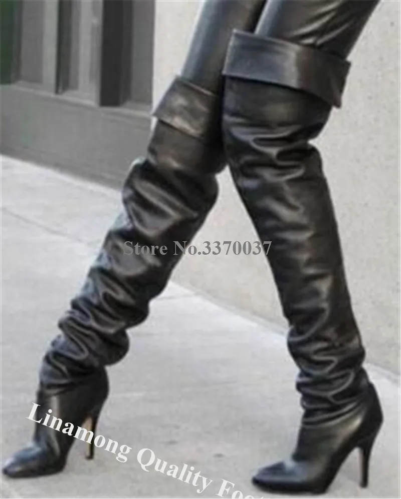 Linamong Damenmode, spitzer Zehenbereich, Stiletto-Absatz, über dem Knie, Lederstiefel, schwarz, plissiert, lange High-Heel-Stiefel, formelle Abendschuhe