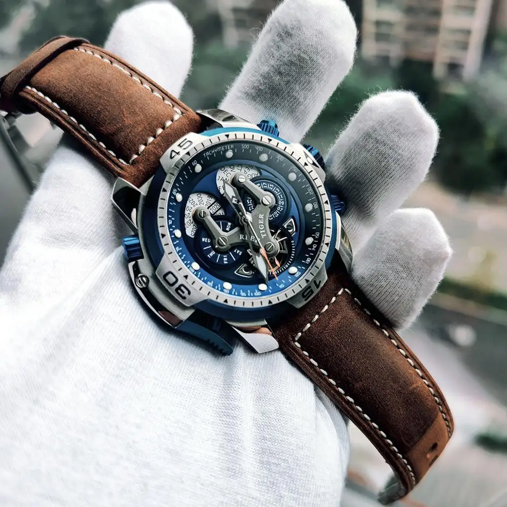 Reef Tiger/RT Luxury Brand Blue Military Watch Men Leather Strap Steel Automatic Watch Waterproof Relogio Masculino RGA3503