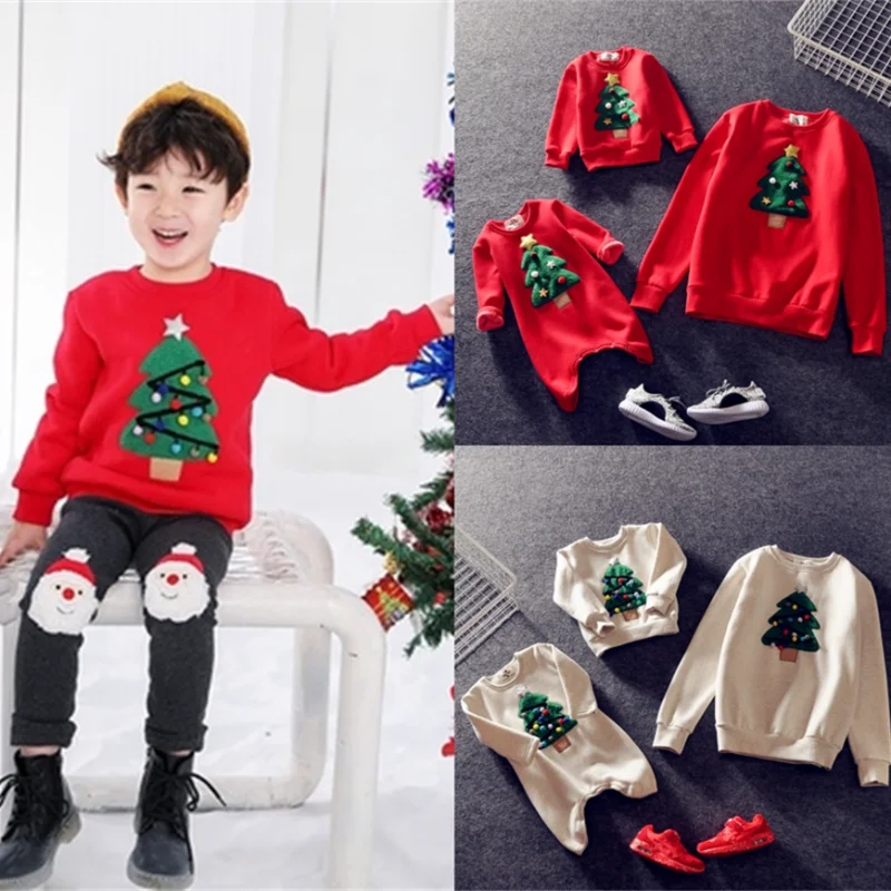 Mommy and Me Christmas Family Matching Clothes New Year Women Kids Homewear Hoodie Sweaters Xmas Tree Embroidery Good Quality