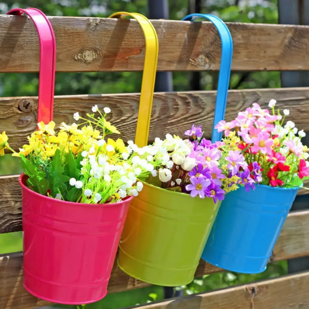 Multicolor Hook Flower Pot Hanging Planter Pot Metal Iron Pot Yard Balcony Garden Plant Holder Bucket Home Garden Decoration