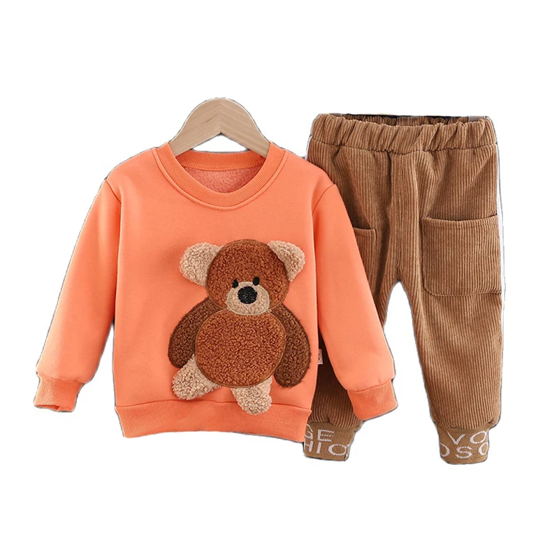 

Children Outfits Kids Casual Sports Wear Bear Embroidery Plus Velvet Pullover+Pants 2 Piece Suit Boys Tracksuit Toddler Girl Set