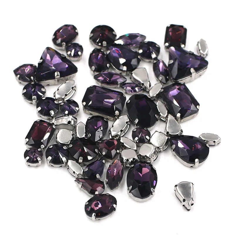 Sell at a loss! 50pcs/bag high quality mixed shape deep purple glass crystal sew on claw rhinestones diy clothing accessories