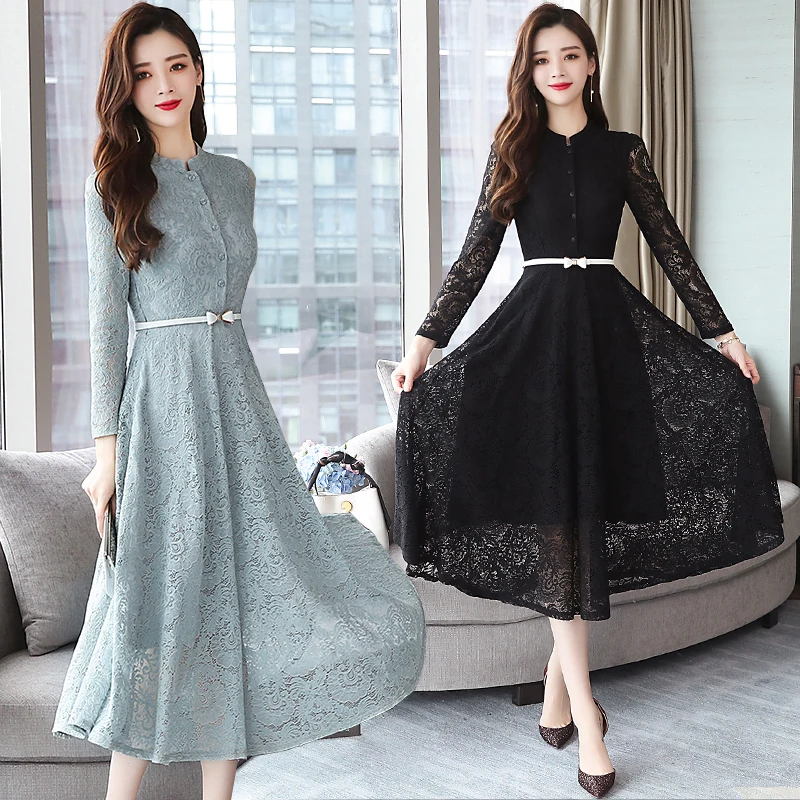 Jielur New Elegant Lace Dress Women Korean Slim O-neck Office Lady Trumpet Dress Long Sleeve Autumn Fashion Sexy Dresses M-3XL