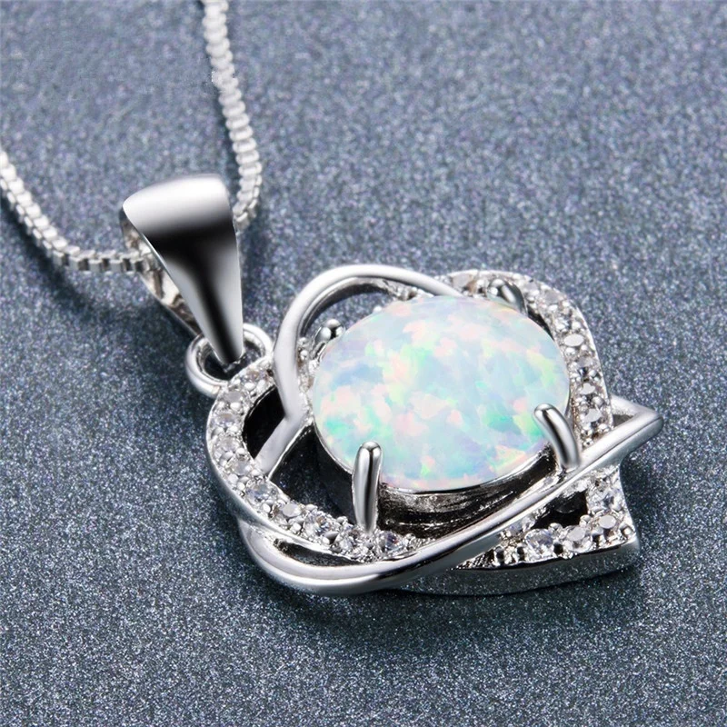 Fashion Women Necklace Double Heart White Fire Opal Pendant Wedding Accessories Birthday Gift For Girl Jewelry