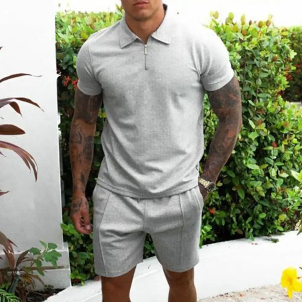 Summer Tracksuit Solid Color Drawstring Men Short Sleeve T-shirt Drawstring Shorts for Fitness