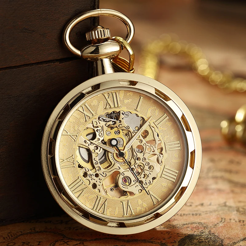 Vintage Watch Necklace Steampunk Skeleton Mechanical Fob Chain Pocket Watches Roman Number Clock Pendant Hand-winding Men Women