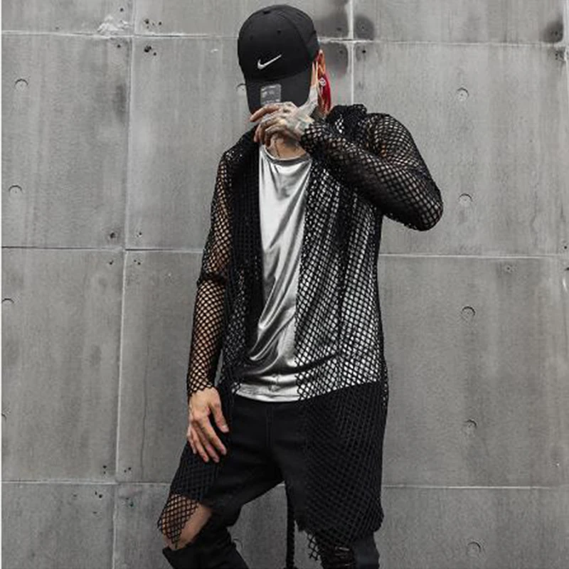 Nightclub DJ singer sexy mesh hip hop punk rock t shirt long tops with waist rope mens harajuku gothic hooded tee shirts cloak