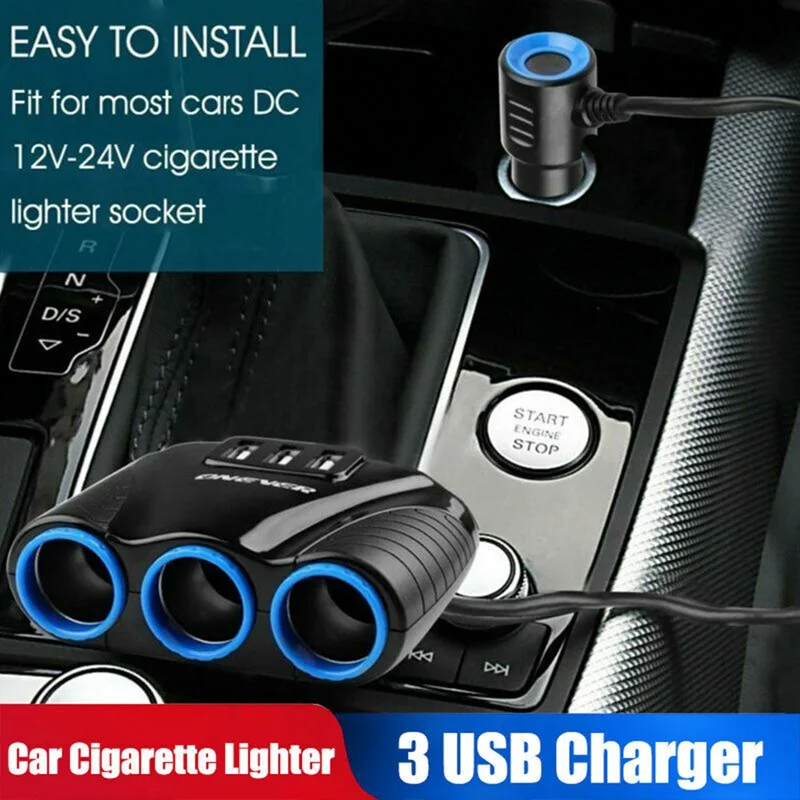 3 Way 12V 24V Multi Socket Car Cigarette Lighter Splitter USB Charger Adapter